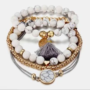 Women’s 4-Piece Boho White, Gray & Gold Marble Tassel Bracelet Set